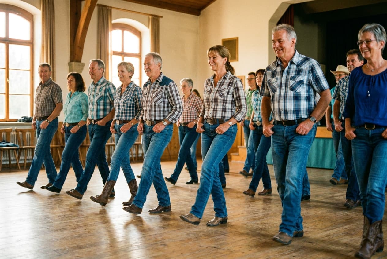 Reihe von Line-Dancer:innen im hellen Saal